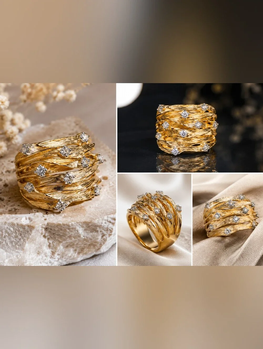 Textured Gold Multi-Band Ring with Clear Stones - Women Jewelry